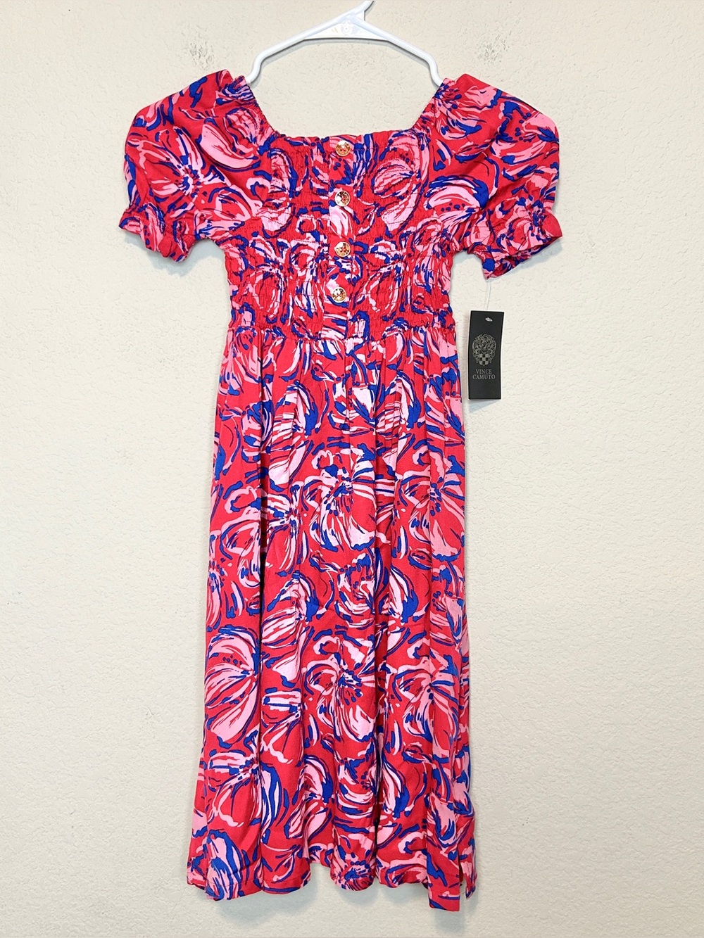 Vince Camuto Kids Pink, Blue & Red Floral Print Smocked Dress